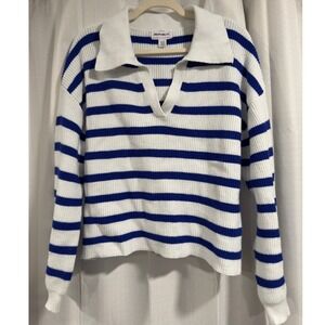 For The Republic Womens XL Striped Knit Polo Sweater Blue White XL